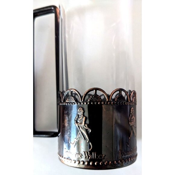 Lot Of 2 Johnnie Walker Clear Glass Metal Holder Narrow Tall Embossed Logo 6 Oz - Picture 4 of 7